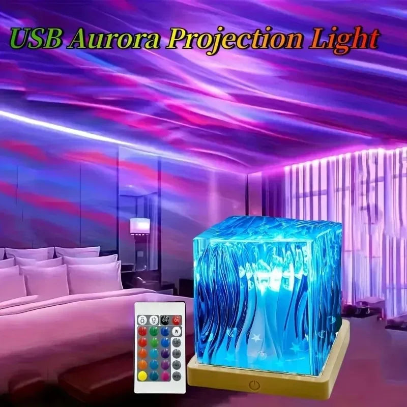 16-Color Aurora Night Light – Water Ripple & Flame Crystal Projector